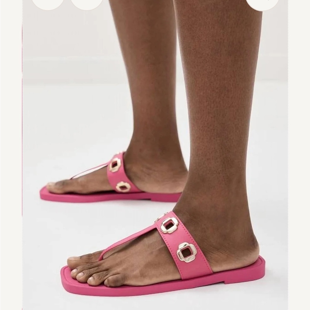 NWT's and bag Larroude Pink T-strap Slide Sandals with Gold Buckles